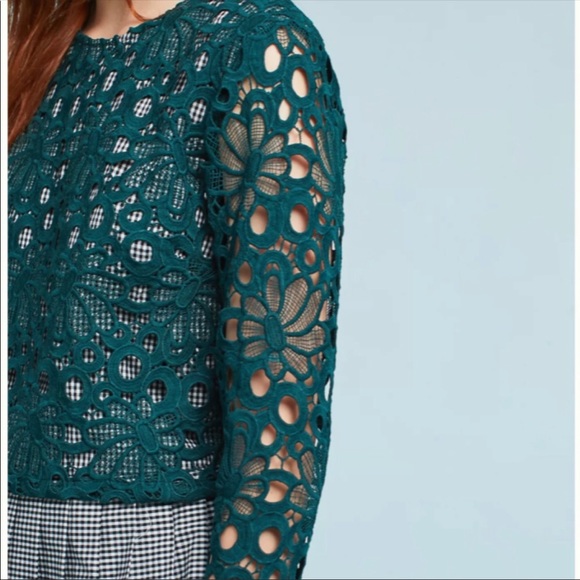 ANTHROPOLOGIE MAEVE TOP GABRIELLA GINGHAM LACE PLAID GREEN SIZE LARGE - Picture 2 of 4